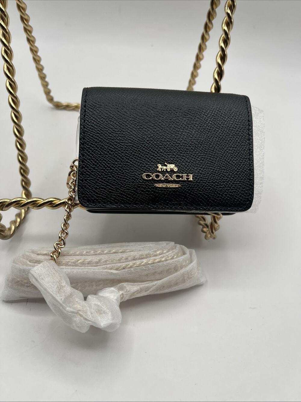 Coach Mini Leather Wallet On a Gold Tone Crossbody Chain Black C0059 NWT